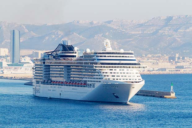 Marseille, France. 31st August 2013 -- MSC PREZIOSA leaves the port of Marseille. -- MSC Preziosa entered service in March 2013 and is a Fantasia-class cruise ship owned and operated by MSC Cruises. The ship is an enhanced version of her running mates, MSC Splendida and MSC Fantasia, and is identical to MSC Divina.