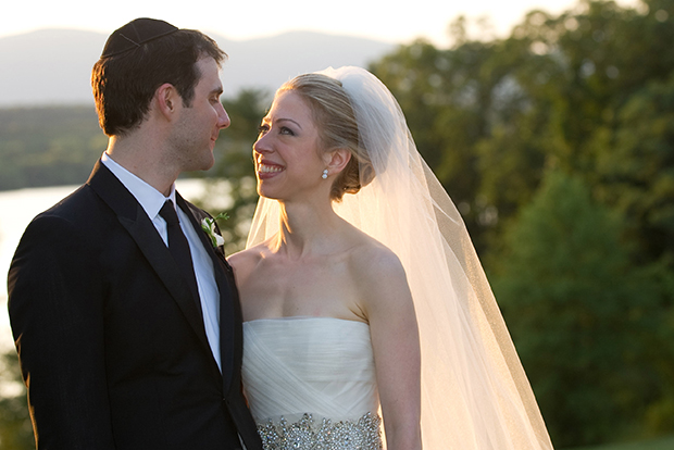 In this handout image provided by Barbara Kinney, Marc Mezvinsky (L) and Chelsea Clinton pose during their wedding at the Astor Courts Estate on July 31, 2010 in Rhinebeck, New York. Chelsea Clinton, the daughter of former U.S. President Bill Clinton and Secretary of State Hillary Clinton, married Marc Mezvinsky today in an interfaith ceremony at the estate built by John Jacob Astor on the Hudson River about two hours north of New York City.