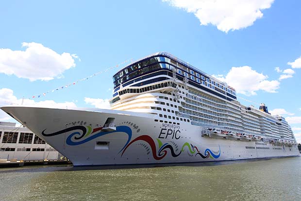 NEW YORK - JULY 02: A general view of the Norwegian Epic cruise ship before its christening at Pier 88 on July 2, 2010 in New York City. (Photo by Neilson Barnard/Getty Images)