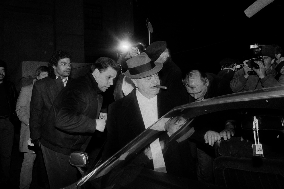 Anthony "Fat Tony" Salerno, cigar in mouth, enters a car in New York after being let out on bail, Feb. 26, 1985. Salerno and other reputed leaders of New York's Mafia families were rounded up overnight and charged in a federal indictment, with being the "ruling body" of a criminal enterprise that deals in murder, labor racketeering and extortion. (AP Photo/David Bookstaver)