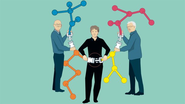 Лауреты Нобелевской премии по химии 2022 года: Барри Шарплесс, Каролин Бертоцци и Мортен Мельдаль. (Иллюстрация Johan Jarnestad / The Royal Swedish Academy of Sciences)