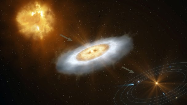 Визуализированное изображение газообразной воды в планетообразующем диске вокруг звезды V883 Орионис (Фото L. Calçada / ESO)