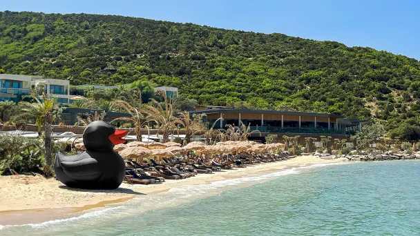 Черная уточка, символ A-Клуба, на пляже в Бодруме