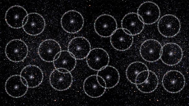 Cерия галактик, распределенных по космосу (Иллюстрация Gabriela Secara / Perimeter Institute)