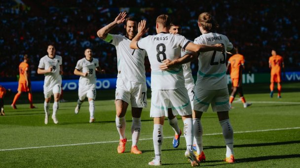 Игроки сборной Австрии празднуют забитый мяч в ворота сборной Нидерландов на Евро-2024 (Фото Австрийского футбольного союза)
