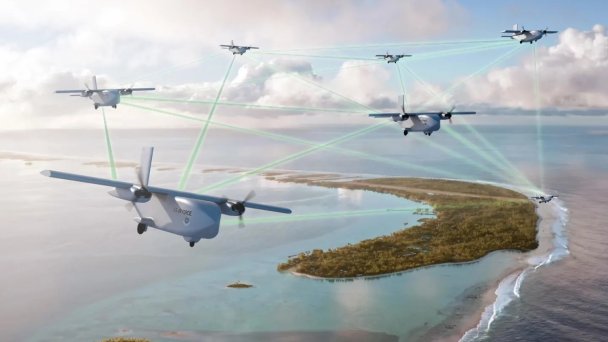 Художественная визуализация флота автономных грузовых самолетов Grid Aero, образующих сеть. (Иллюстрация Grid Aero)