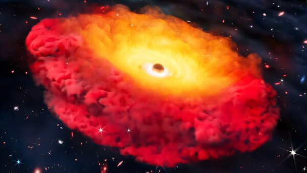 Визуализация галактики CAPERS-LRD-z9, где находится самая ранняя из подтвержденных черных дыр. Предполагается, что сверхмассивная черная дыра в центре галактики окружена плотным газовым облаком, придающим ей характерный красный цвет (Фото: Erik Zumalt / The University of Texas at Austin)