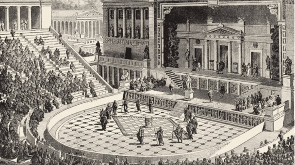 Реконструкция театра Диониса во времена Римской империи. (Иллюстрация из немецкой энциклопедии 1891 года Йозефа Кюршнера)