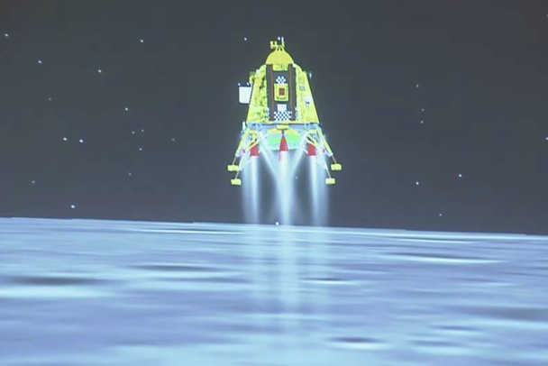 Скриншот трансляции посадки станции «Чандраян-3»