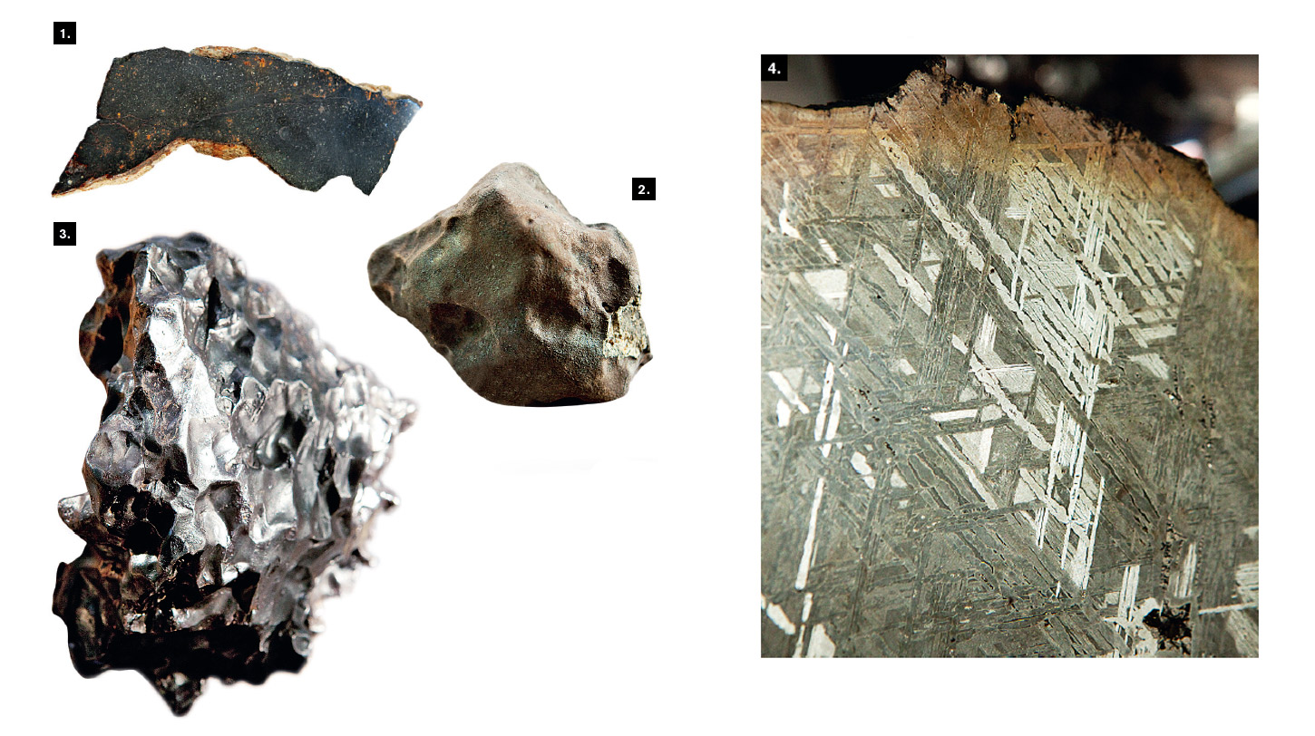 1. Обломок каменного метеорита Губара, обнаруженного в 1954 году в Омане. 2. Фрагмент знаменитого челябинского метеорита. По оценкам ученых, подобные падения случаются в среднем раз в 100 лет. 3. Остаток метеорита Сихотэ-Алинь, упавшего в 1947 году в Приморском крае. Метеорит, весивший свыше 30 т, начал распадаться еще в воздухе, и его осколки рассыпались на территории около 20 кв. км. 4. Срез метеорита Сеймчан. Такая решетка образовалась в процессе остывания на градус за миллион лет ядра астероида, породившего метеорит