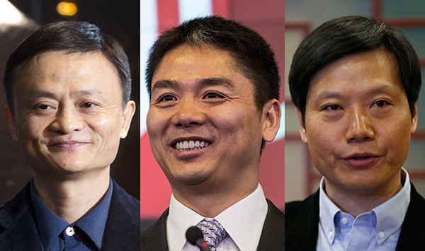 Звезды китайского интернет-бизнеса, за головами которых удачно поохотился Юрий Мильнер: основатель Alibaba Джек Ма, основатель JingDong Ричард Лю и основатель Xiaomi Лей Джун (слева направо)