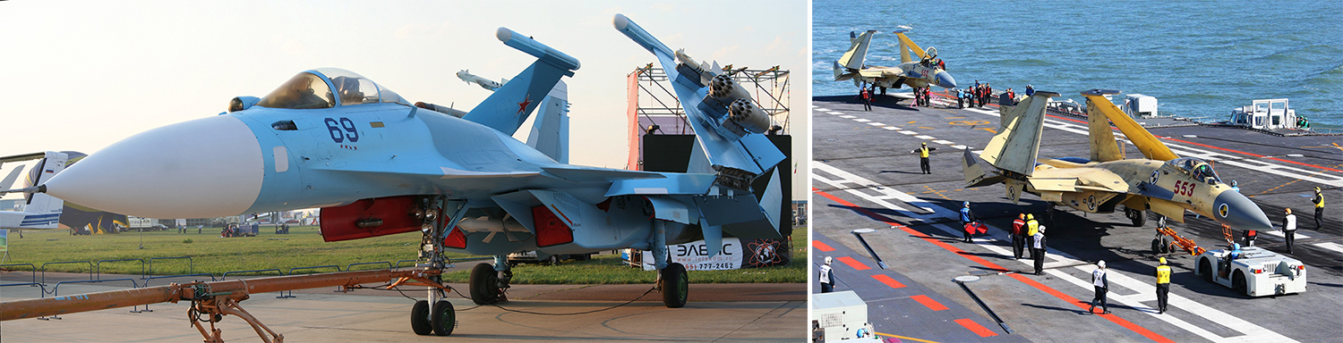 Российский палубный истребитель Су-33 (Су-27К) в экспозиции Московского авиасалона МАКС-2007 и китайский палубный истребитель J-15, который является основой авиагруппы авианосца «Ляонин». По китайским данным, J-15 превосходит аналогичный российский Су-33 по многим характеристикам, не являясь его копией. Отметим, что Су-33 в Китай не поставлялся.