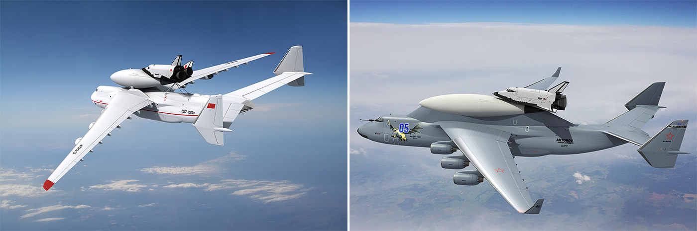 Авиационно-космическая система 9А-10485/МАКС (вариант 1990-х годов) в полете (на иллюстрации слева). Авиационно-космическая система 9А-10485/МАКС с последним вариантом орбитального самолета в полете (на иллюстрации справа). 